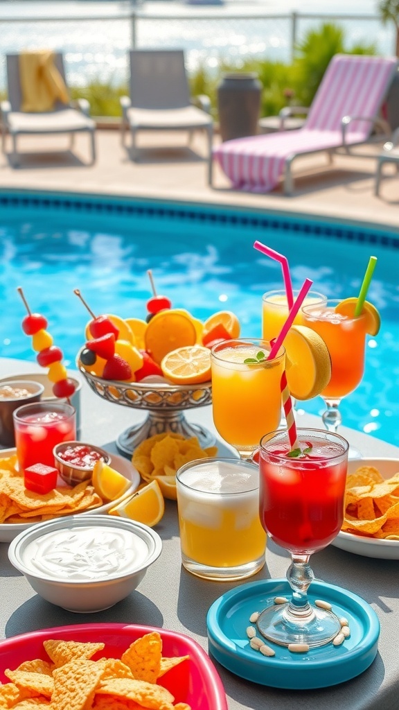 A lively poolside party setup with snacks, drinks, and a sparkling pool in the background.